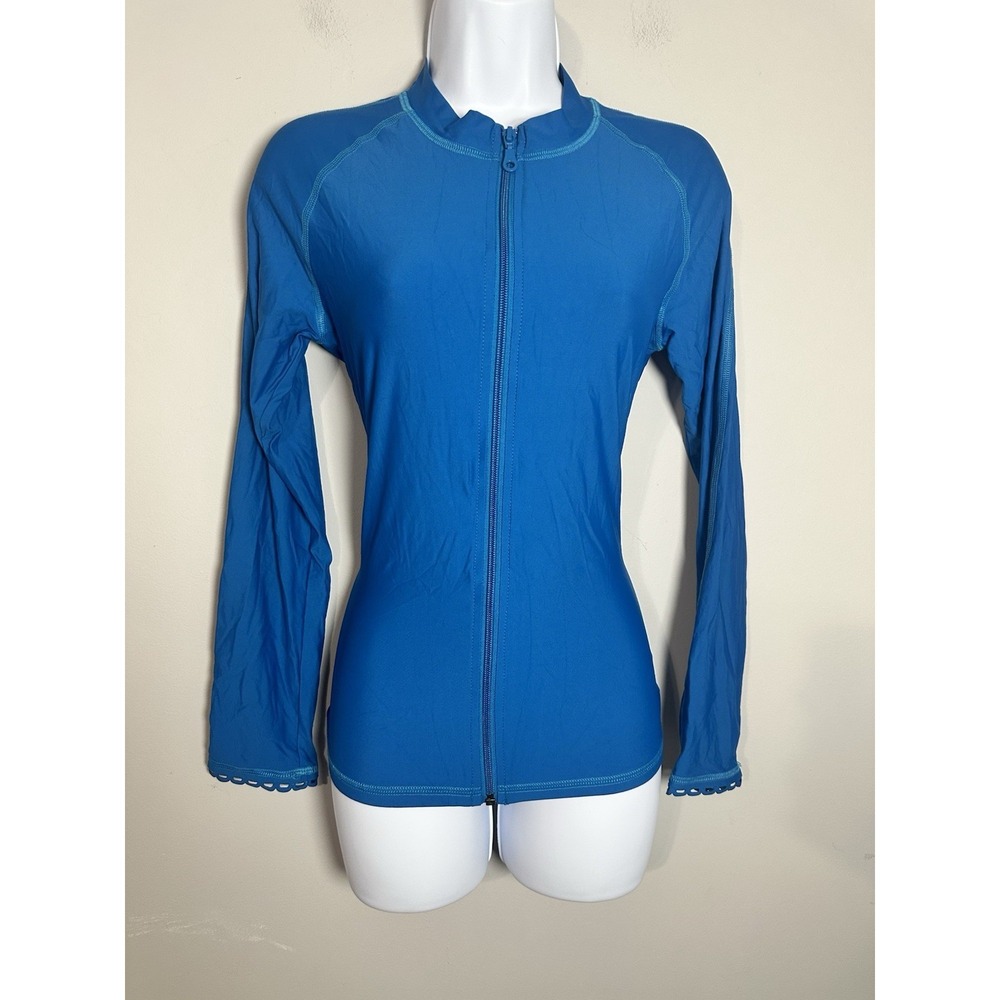 Helen Jon Scalloped Full‎ Zip Rash Guard Royal Blue Size Large NWOT UPF 50+